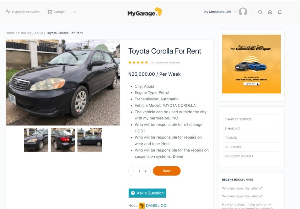 A screenshot of the mygarage.africa platform. Image credit: Envio