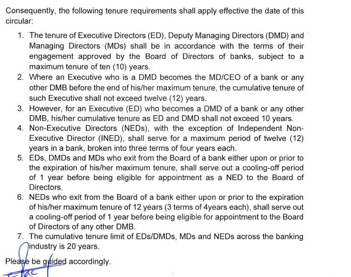 The new CBN tenure limits for banking executives and non executive directors