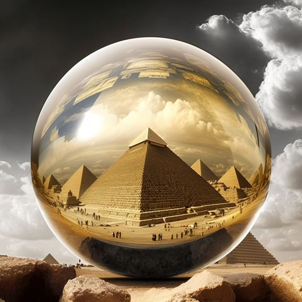 Midjourney prompt: 'Egypt with modern dome of science and GIZA pyramids are back to marble with a golden top reflecting and storing solar energy' by @dghanma upscaled by Abraham Augustine
