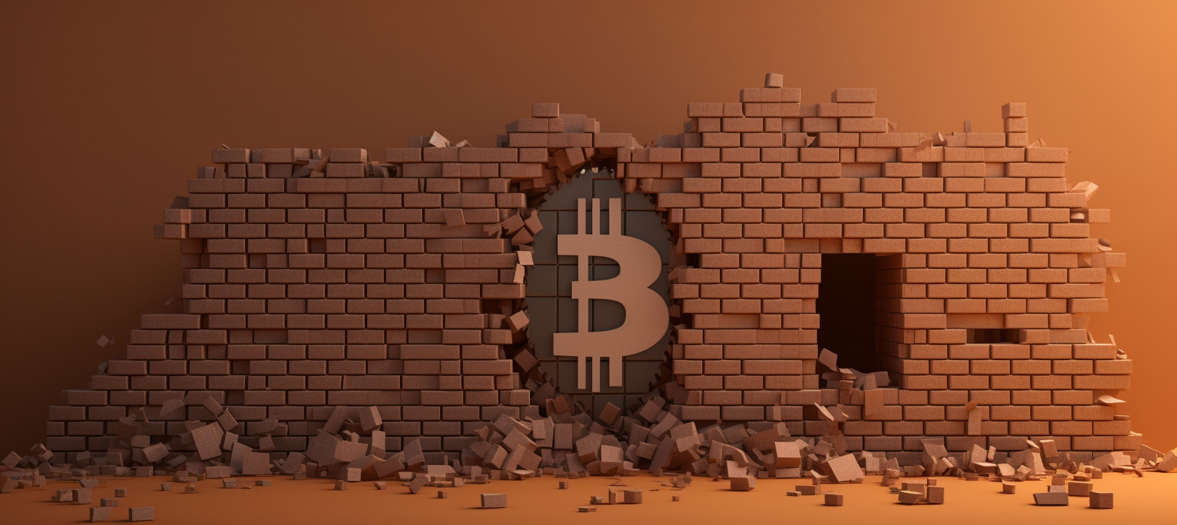 Midjourney prompt: A bitcoin house with one big slight crack running down the wall --ar 9:4 --v 5