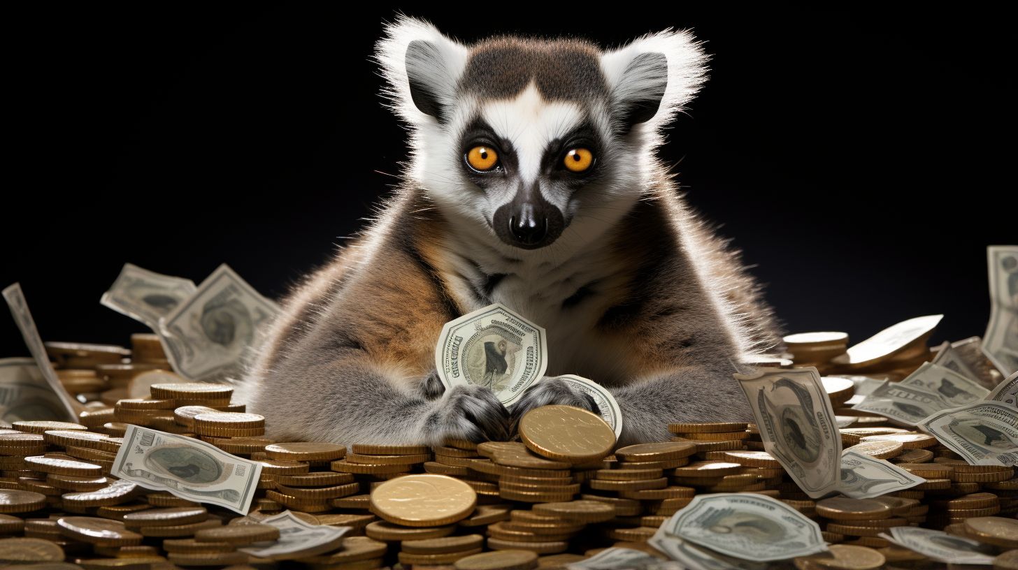Photo of lemur sitting in front of gold coins